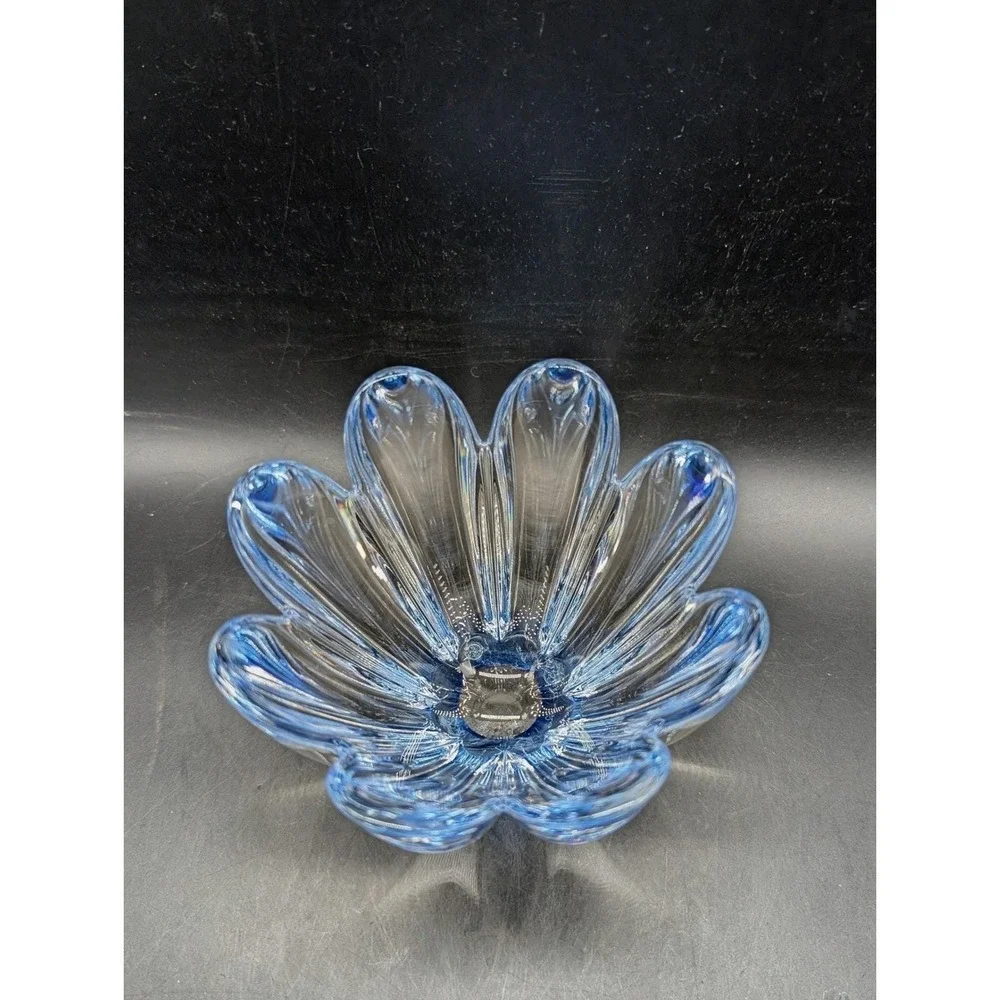 Orrefors Mayflower Crystal Bowl Blue Clear Hand Blown Petal Dish‎ Signed 4